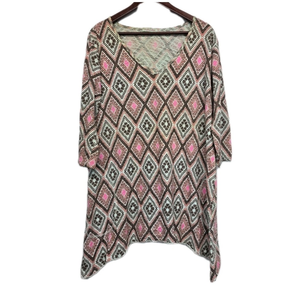 FRESH PRODUCE Tunic Top XL Asymmetric Sharkbite Hem Pockets Geometric Artsy 3170